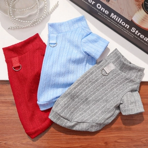 Pet knit sweater with D-ring leash attachment in red, blue, and grey herringbone fabric