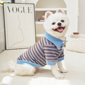 Detail of blue and brown striped polo shirt with soft collar for small pet dogs and cats