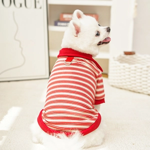 Detail of red striped pet polo shirt with metal D-ring for leash attachment