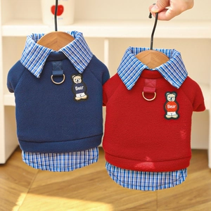 Close-up of pet hoodie with Bear embroidery, plaid collar detail, and metal D-ring for leash