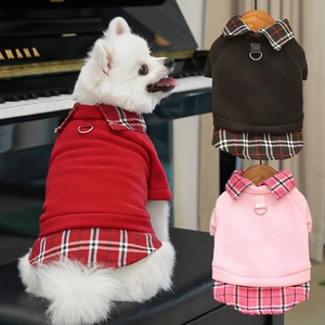 Pet Fleece Sweater Dog Plaid Shirt British Style Warm Autumn Winter Clothes With Leash D-Ring For Small Dogs Cats