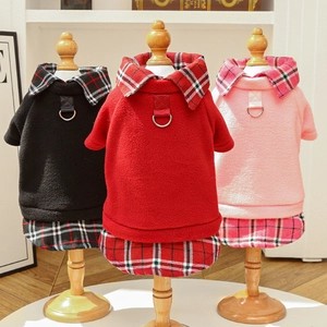 British style plaid fleece pet dress with metal D-ring for small dogs and cats