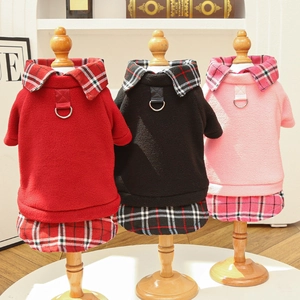 Plaid fleece pet coat for cats and small dogs featuring D-ring attachment in three colors