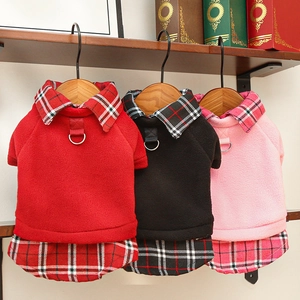 Plaid fleece pet coat with D-ring harness for cats and small dogs in autumn winter