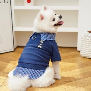 Close-up of navy pet hoodie with bear embroidery and metal D-ring for leash attachment
