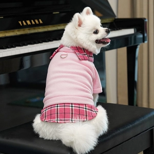 Pink fleece pet vest with plaid collar and D-ring leash attachment for small dogs