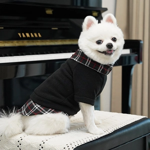 Detail of red and black plaid collar on a warm fleece pet sweater for dogs and cats