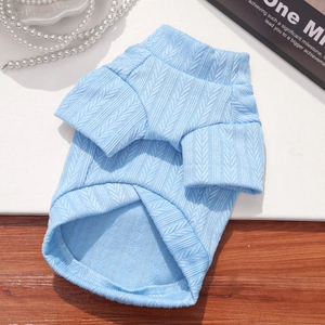 Detailed view of sky blue herringbone knit pet sweater with ribbed elastic cuffs