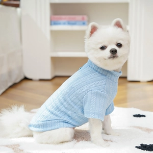 Detail showing vintage cable knit texture and high collar of light blue pet sweater