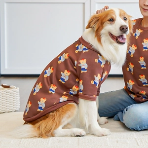 Dettaglio di felpe coordinate marroni per cane e padrone con motivi di orsi e polsini a coste