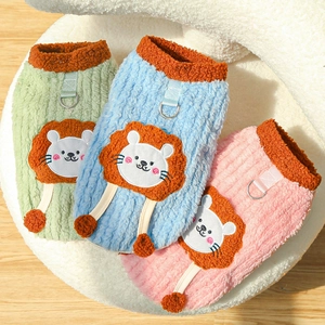 Fleece pet vest in green, blue and pink with cartoon lion and D-ring for leash attachment