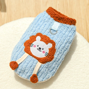 Detail of light blue pet fleece vest with lion embroidery and metal D-ring attachment
