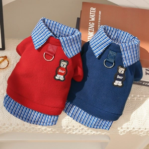 Detail of fleece pet sweater with layered collar, bear embroidery, and metal D-ring