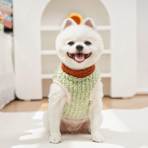 Close-up of plush fleece dog vest with orange collar on a white Pomeranian puppy