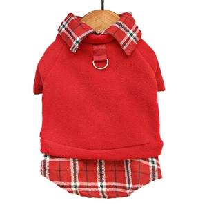 Red fleece pet vest with plaid collar and D-ring harness for small dogs and cats