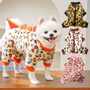 Detail of warm flannel dinosaur pet jumpsuit featuring leopard print and metal leash ring