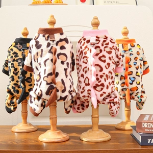 Detail of warm leopard print dinosaur pet sweaters with functional D-ring and soft fleece