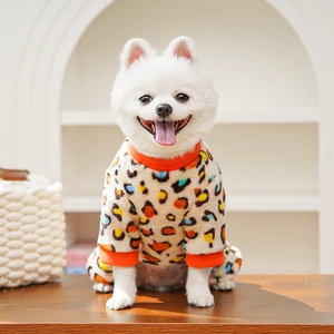 Close-up of leopard print pet fleece sweater on a small white Pomeranian dog