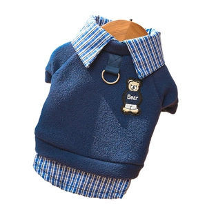 Fleece pet sweatshirt in navy blue with plaid collar, bear patch and metal D-ring for leash