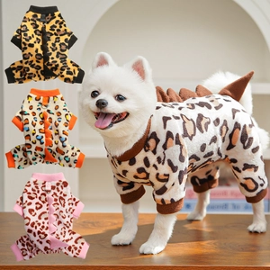 Leopard print pet dog fleece jumpsuit with dinosaur spikes for winter warmth