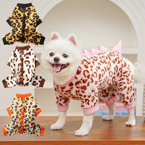 Warm leopard print pet fleece jumpsuit with dinosaur spikes and D-ring for small dogs