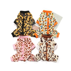Leopard print flannel dog pajamas with 3D dinosaur spine and leash D-ring detail
