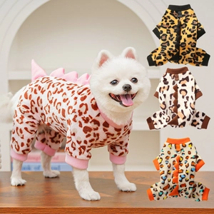 Detail of leopard print pet jumpsuits with dinosaur fins and metal traction ring