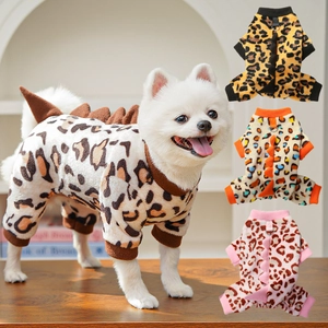 Fleece leopard dinosaur pet jumpsuits with D-rings for small dogs and cats