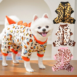Leopard print dinosaur dog costume with fleece lining and back leash ring in four colors