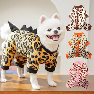 Plush leopard print dinosaur pet onesie for dogs and cats with warm fleece and D-ring