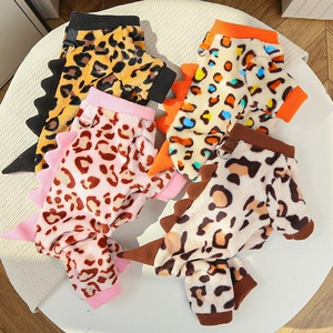 Detail of leopard print flannel pet hoodies with dinosaur fins and metal D-rings