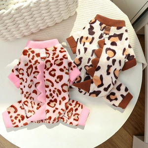 Detail of leopard print pet fleece jumpsuit with plush fabric and metal D-ring attachment