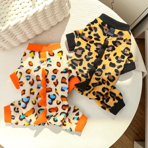 Detail of warm flannel pet jumpsuit with leopard print, dinosaur spine, and D-ring hook