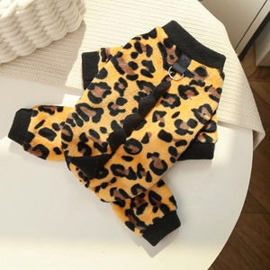 Detail of leopard print pet fleece hoodie with 3D spine decor and D-ring for leash