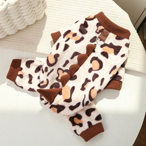 Detail of leopard print pet fleece with dinosaur spine design and D-ring attachment