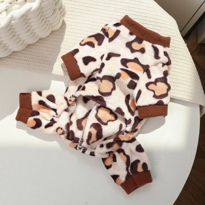 Detail of warm leopard print pet jumpsuit featuring thick fleece fabric and ribbed cuffs