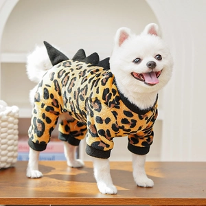 Detail of leopard print flannel pet jumpsuit with black 3D dinosaur spikes on back