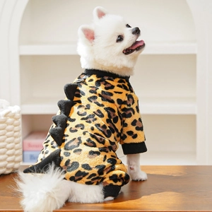 Detail of warm leopard print pet jumpsuit with dinosaur spikes and metal leash ring