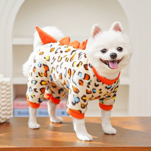 Colorful leopard print pet pajamas with dinosaur dorsal fins for dogs in winter