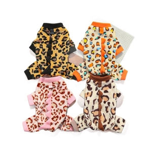 Plush pet jumpsuits in leopard and dinosaur themes with leash D-rings for winter warmth
