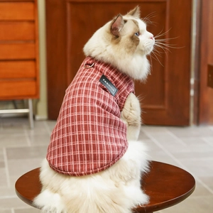 Dettaglio gilet scozzese rosso per animali con etichetta FASHION e anello a D