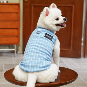Gilet blu a quadri per animali con anello a D in metallo su un cane Pomerania