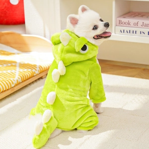 Green dinosaur hooded pet jumpsuit made of soft fleece for dogs and cats