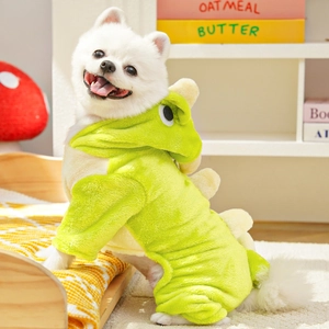 Close-up of green dinosaur cat costume with plush fabric and 3D back spines detail