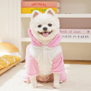 Pink and white plush dinosaur pet hoodie featuring soft flannel fabric and snap buttons