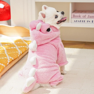 Pink plush dinosaur costume for small dogs featuring warm fleece and white spikes