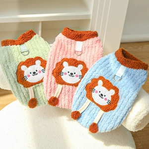 Detailed view of fleece pet sweaters with D-ring and cute lion patch in three colors