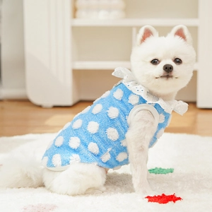 Détail d'un gilet en peluche bleu clair pour animaux avec pois blancs et col en dentelle