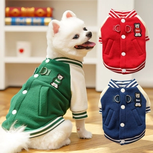 Dog baseball jacket in fleece with D-ring and bear embroidery in red, green and blue