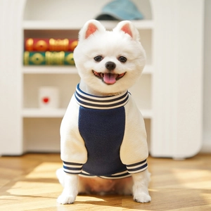 Blue and white colorblock pet baseball fleece sweater with striped ribbed cuffs and hem
